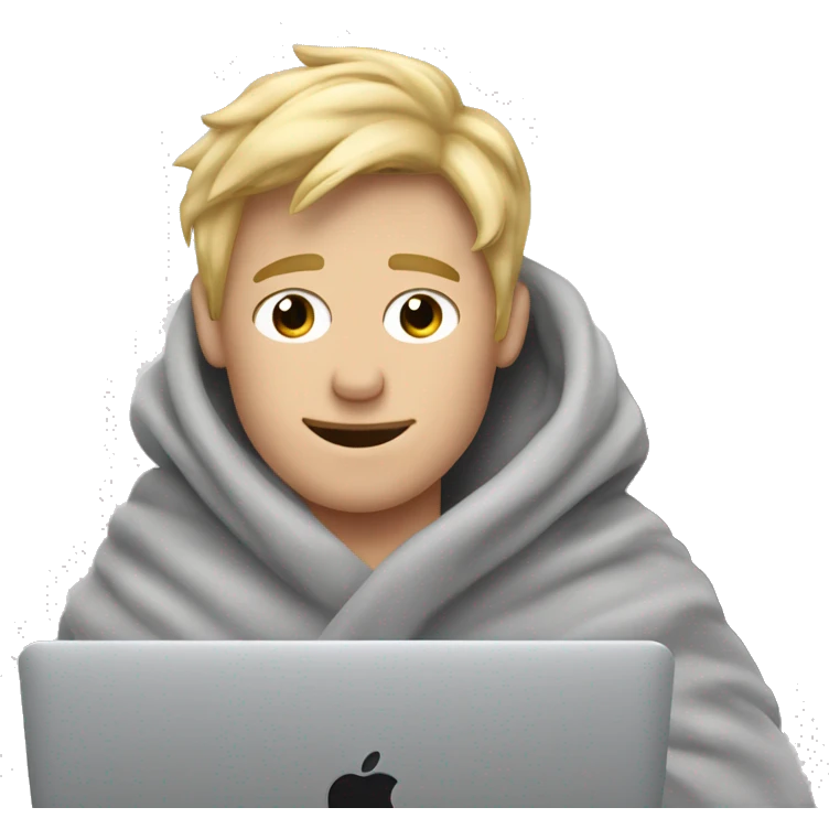 blonde guy snuggled up in cozy grey blanket with MacBook  emoji