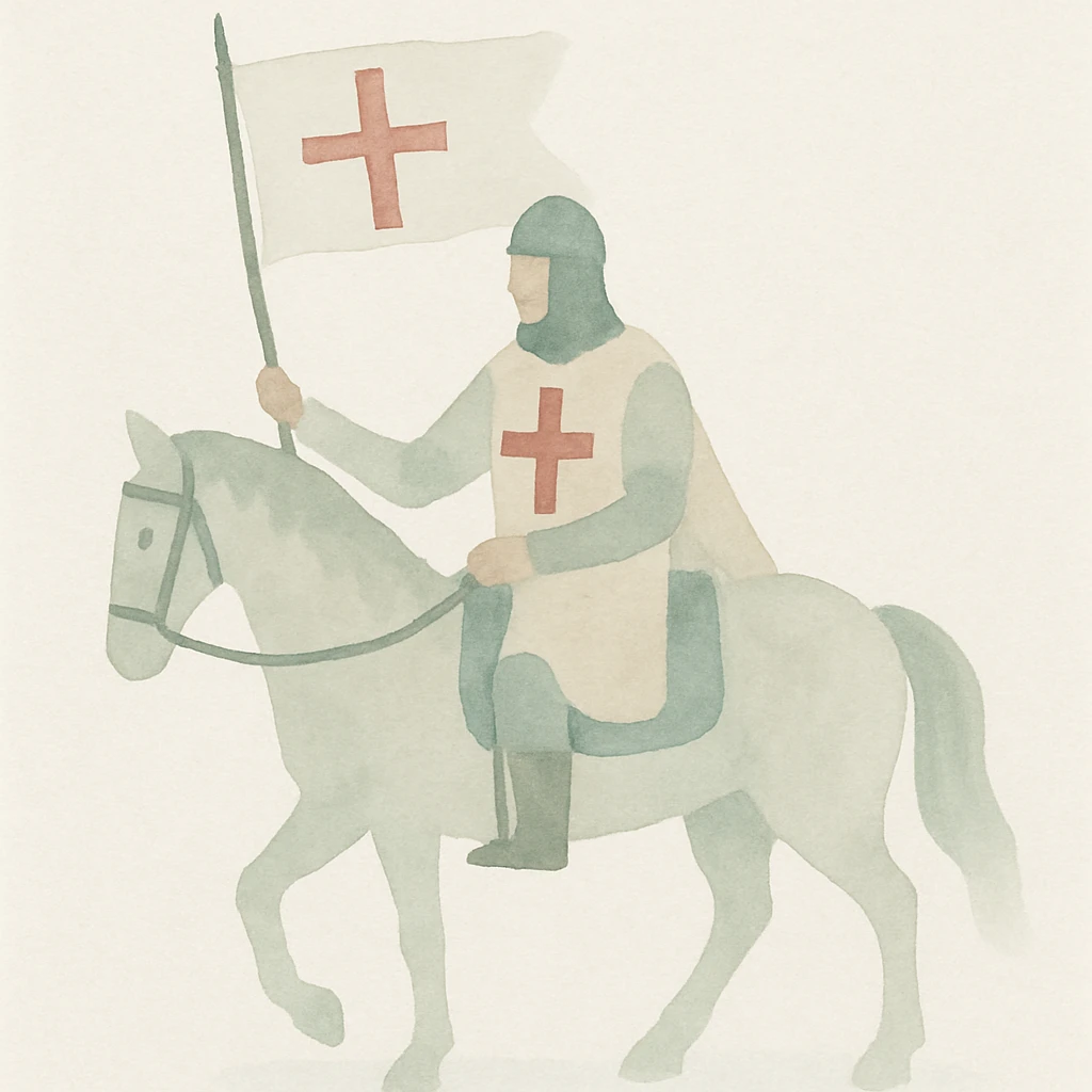 Christian knight on horseback, waving a flag with a cross, watercolor art style emoji