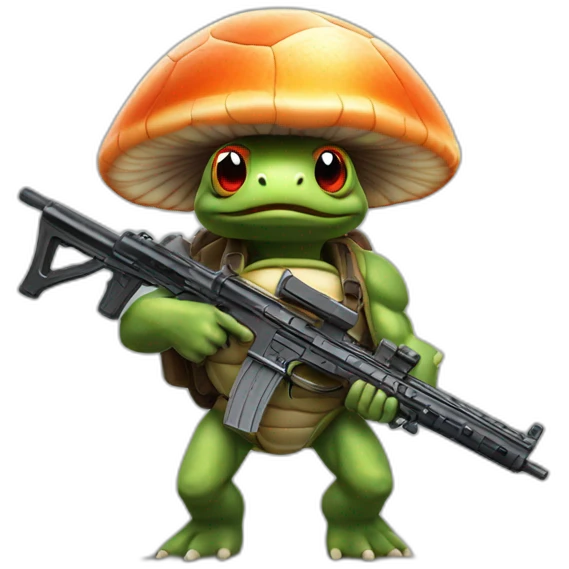 Strong muscles Mushroom turtle with a machine gun with turtle shell on helmet emoji