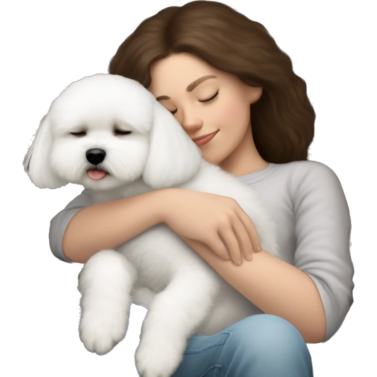White dog Bichon Frise sleeping on brunette white girl's lap emoji