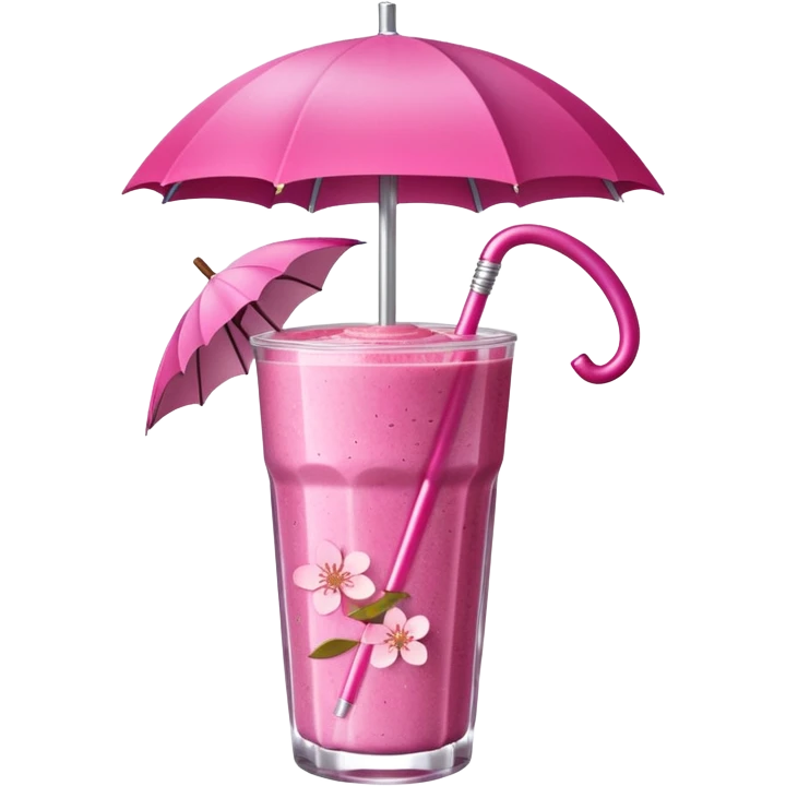 Hot pink smoothie with glitter, cherry blossom, and straw with umbrella emoji