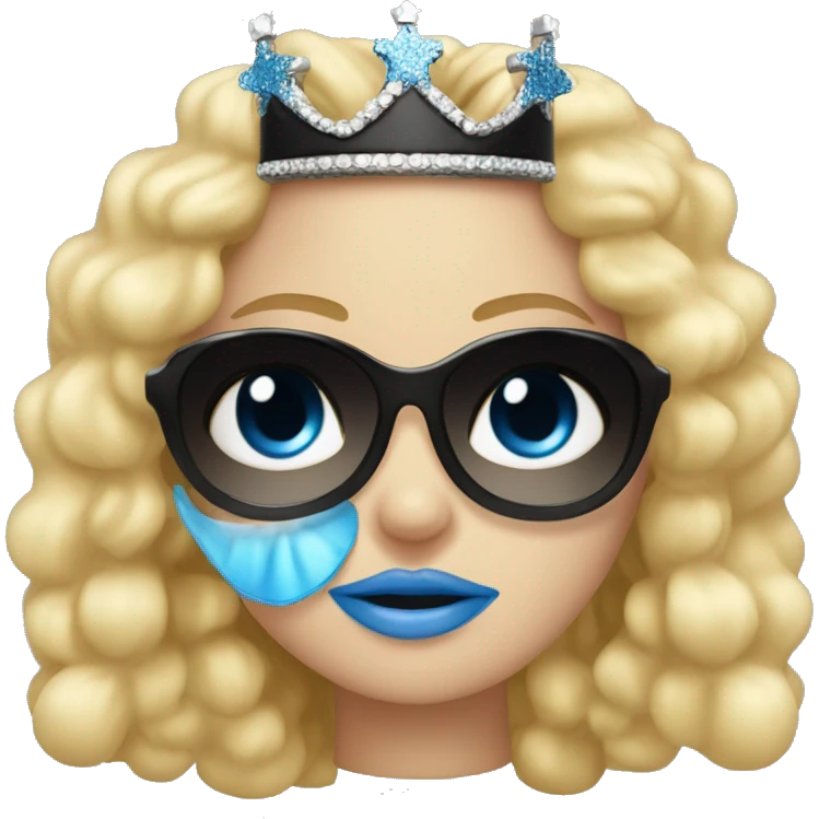 girl long blonde hair blue eyes and cherry lipstick wearing a crown and black sunglasses that cover her eyes emoji