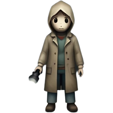 An icon depicting a dark, foggy street with eerie, abandoned buildings, inspired by Silent Hill 2. The design features a mysterious figure holding a flashlight, casting long shadows. A chilling atmosphere is created by dim lighting and unsettling details. Transparent background. emoji