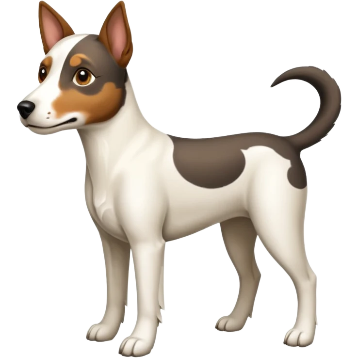 a full body large white floppy eared parson russell looking dog the size of a kelpie with light brown ears and a light brown patch on one eye and a large snout emoji