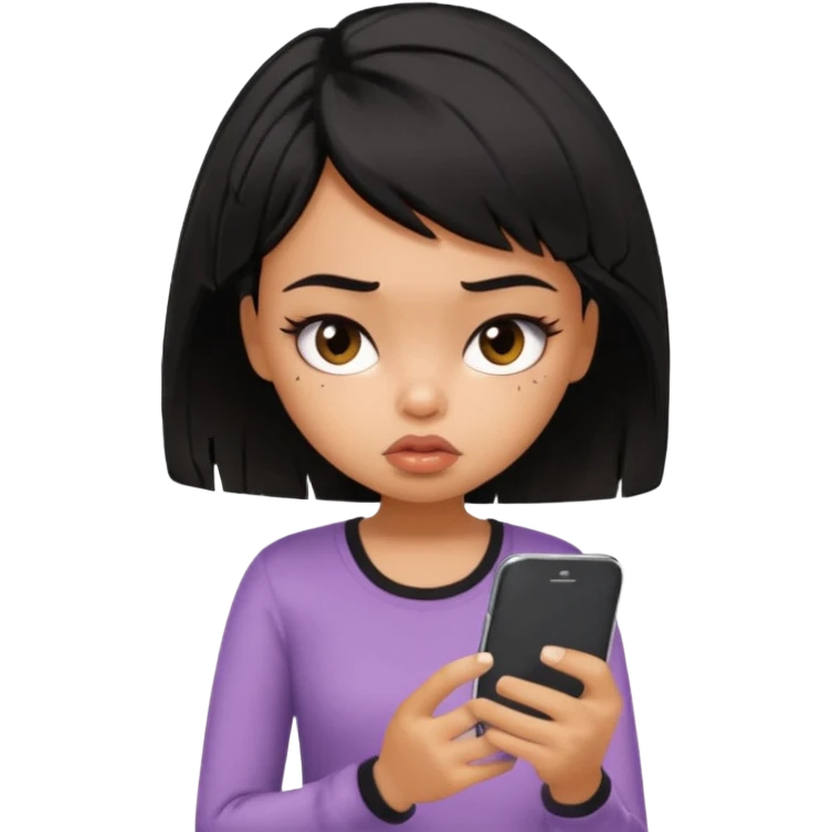 generate a pretty bratz girl with short black messuy hair, looking tired and using her phone emoji