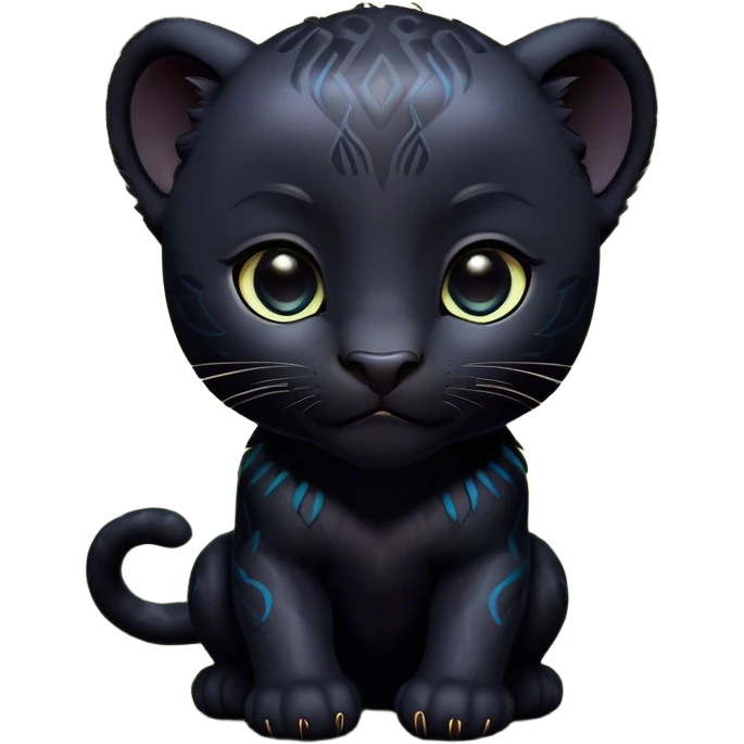 Cinematic Noble Baby black Panther Portrait Emoji, Poised with a touch of regal innocence, featuring a compact, sleek build with soft, dark fur and large, soulful eyes, Simplified yet sharp and sophisticated features, highly detailed, glowing with a gentle, mysterious glow, high shine, intelligent and endearing, stylized with an air of youthful authority, focused and attentive, soft glowing outline, capturing the essence of a tiny jungle guardian that appears ready to pounce out of the screen with effortless charm! emoji