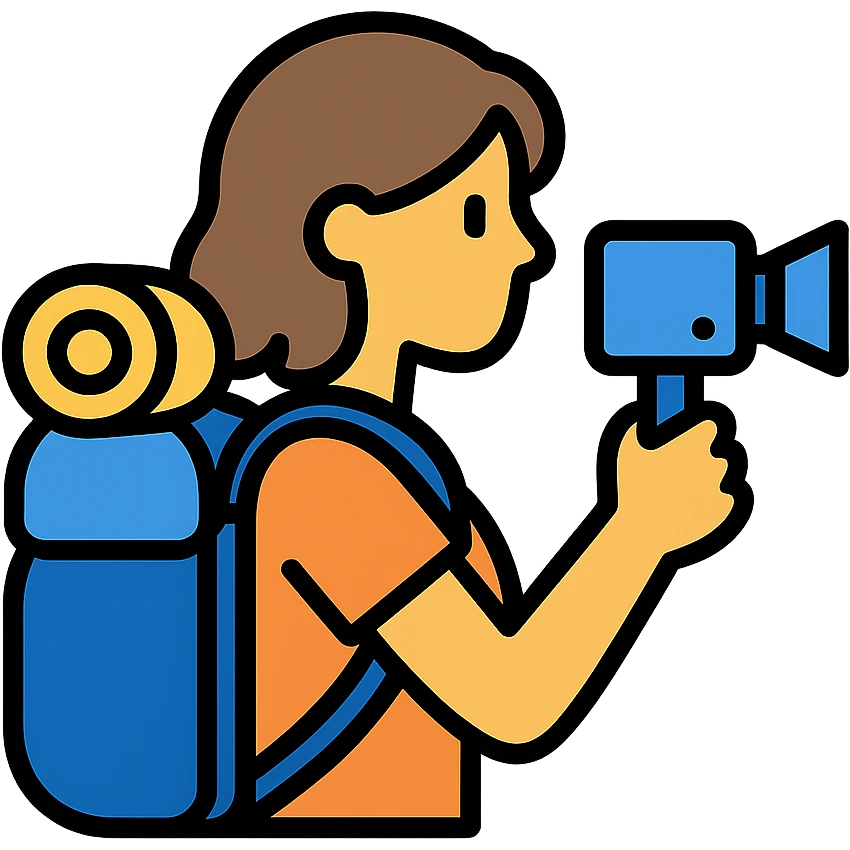 color outline icon of a hiking woman with brown hair holding a video camera emoji