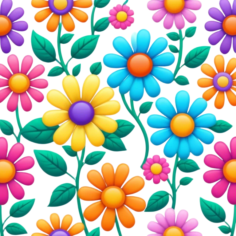 3D, psychedelic colored hippie style flowers in a line emoji