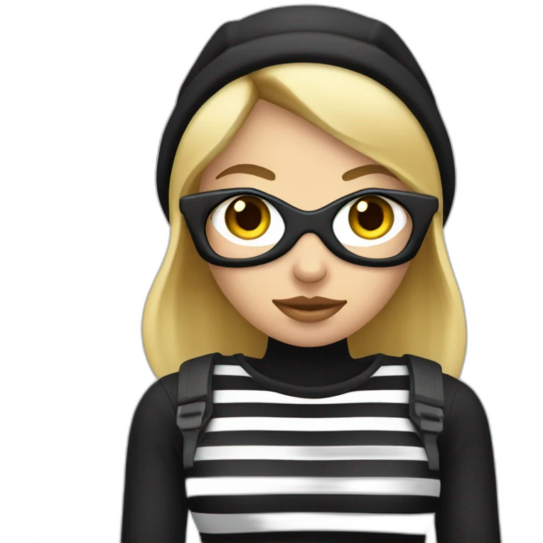 bank robber blonde woman with black beanie hat eye mask and striped shirt emoji