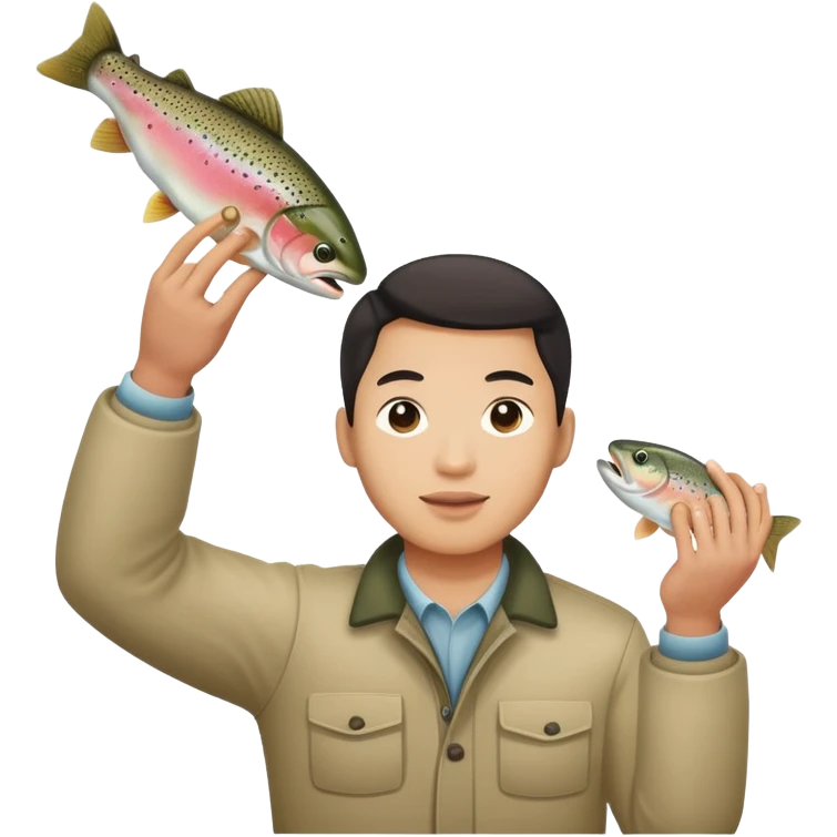 Asian guy holding up a trout emoji