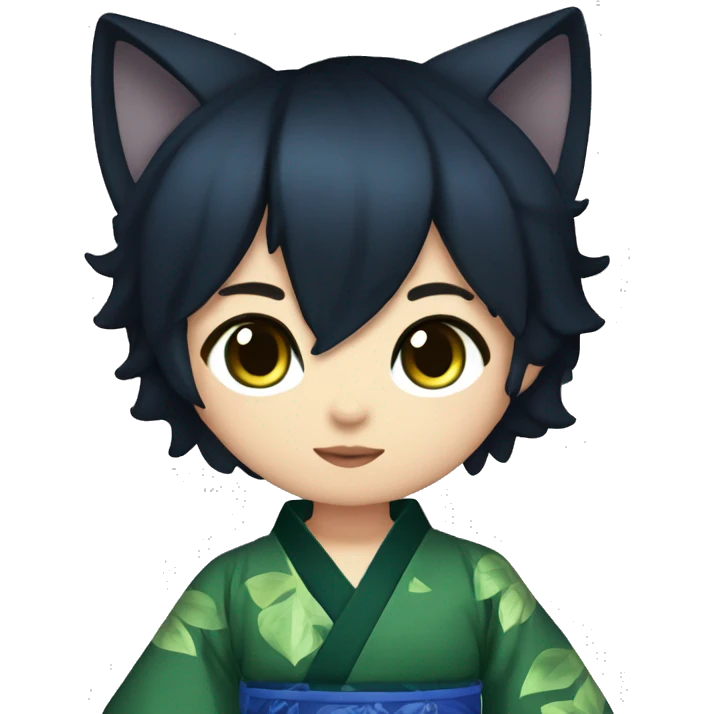  black hair dark blue long sleeve kimono cat ears outfit leaf on his head dark green eyes  emoji