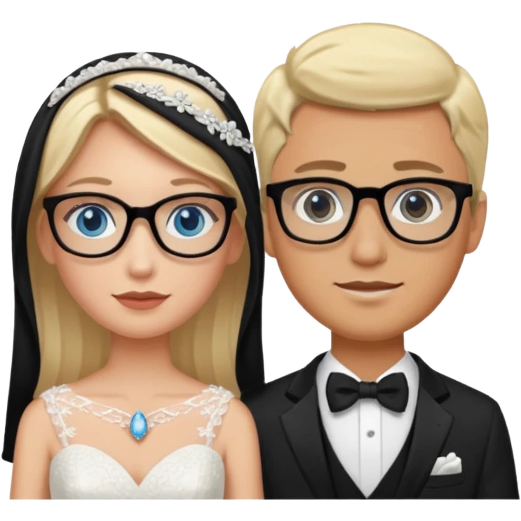 Blonde bride with blue eyes, groom with dark hair and eyes and glasses emoji