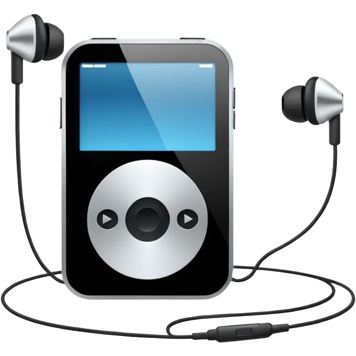 Futuristic iPod emoji with earphones, metallic black and white, smooth reflective surfaces, flat minimal vector design, clean UI style emoji