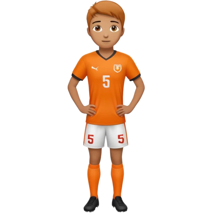 Apple iOS style 22 year old soccer player standing hands on waist, orange jersey #5, stadium lighting emoji
