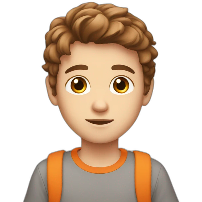 white kid ... Orange and gray shirt...brown hair ... Brown eyes  emoji