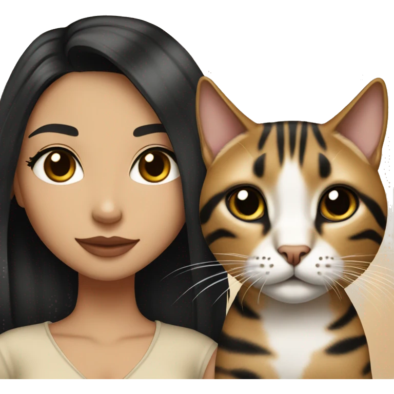 Girl with white skin, black eyes, shoulder length straight black hair, wears a beige blouse outfit, kissing a  bengal cat  emoji