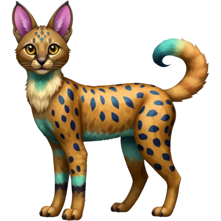 A Colorful iridescent exotic tropical tribal cute happy realistic esoteric patterned fluffy furry dark caracal-Lykoi-bobcat-sphynx-genet-serval-Fakémon-fursona-hybrid-fusion-animal-creature, full body, 4-legged emoji