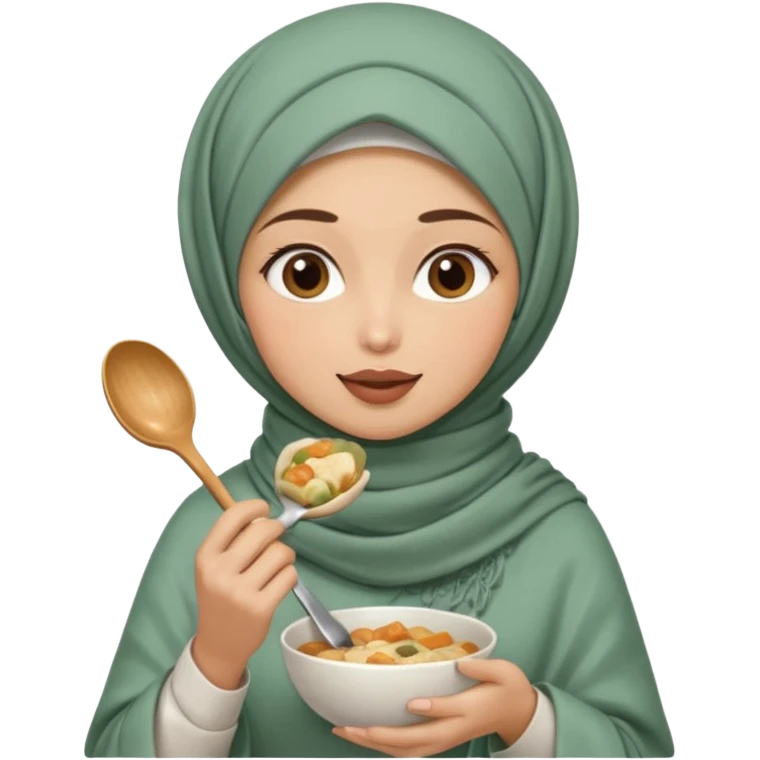 a woman wearing a pashmina hijab is eating while holding a spoon emoji