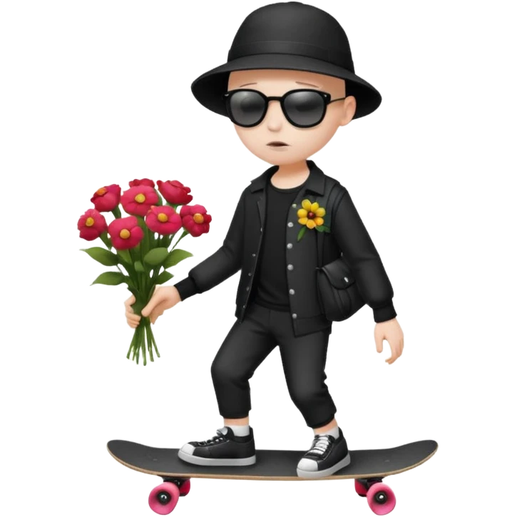 ["A sad boy with pale skin, bald, wearing a sunhat and sunglasses, dressed in goth fashion, is skateboarding while holding a flower bouquet."] emoji