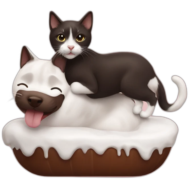 Black and white cat riding chocolate labrador emoji