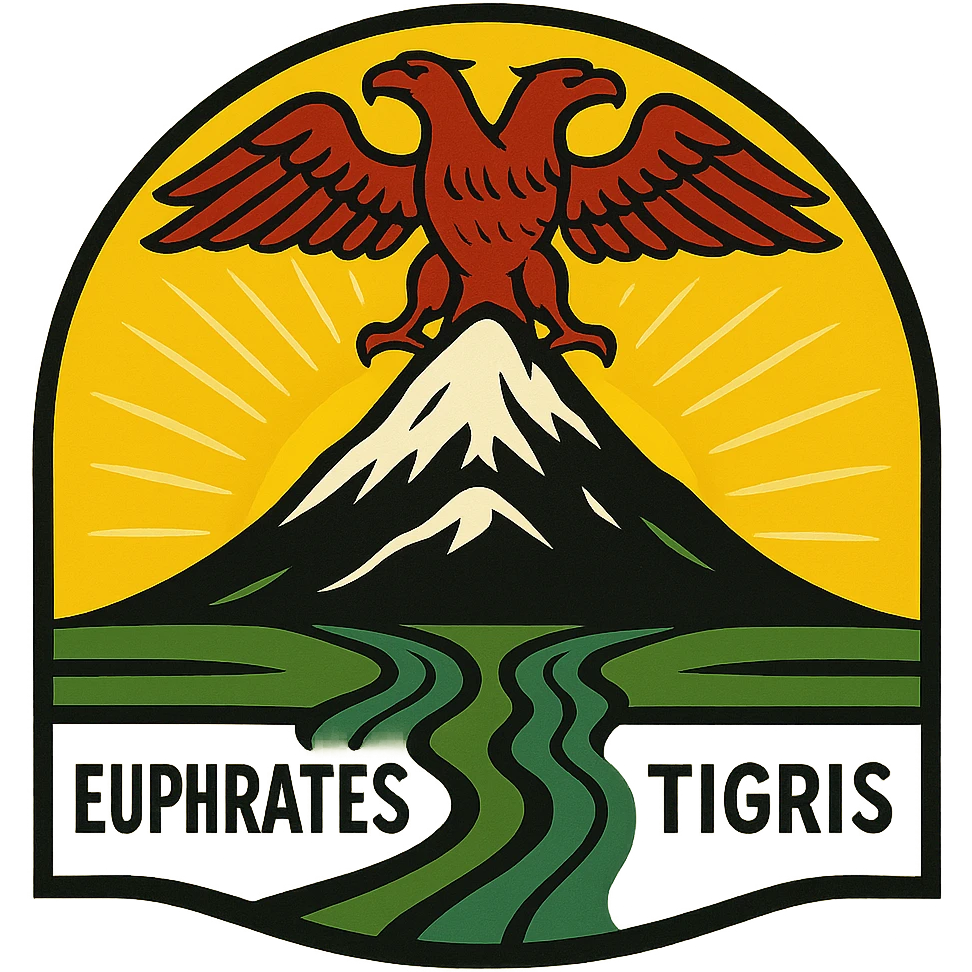 A symbolic logo depicting a snowy mountain on a mountain, a double-headed eagle with one head looking left, two rivers named Euphrates and Tigris flowing under the mountain, the sun behind, using yellow, red, and green as dominant colors. emoji