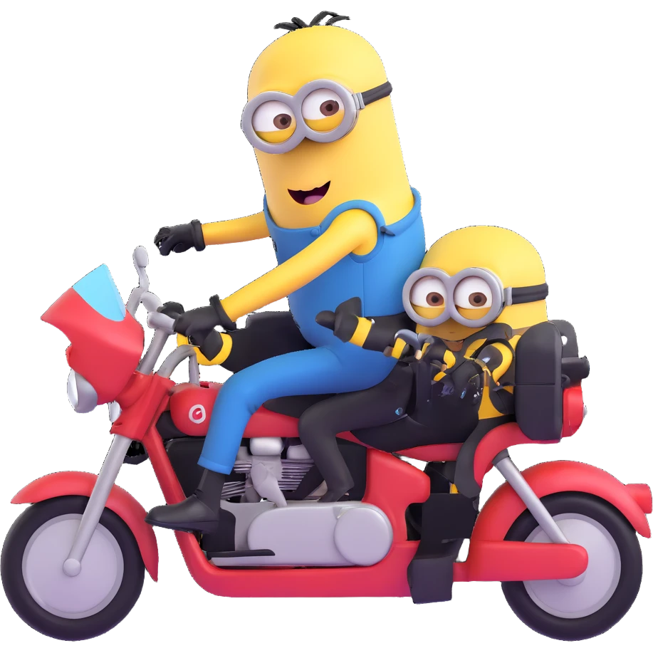 a group of minions riding a motorcycle together, playful and dynamic emoji