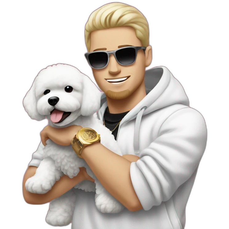white male rapper flexing with a bichon emoji