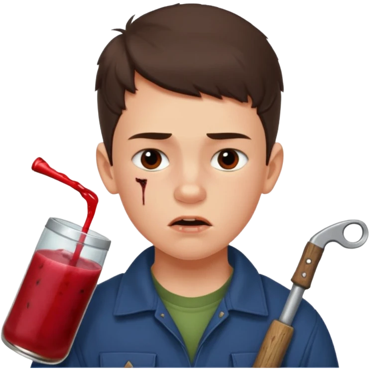 13 y/o Brian robeson at the beginning of Hatchet
determined, has hatchet, self-reliant, observant survivalist, berry juice on his lips, bug bites on cheeks, white boy, no bleeding or big cuts emoji