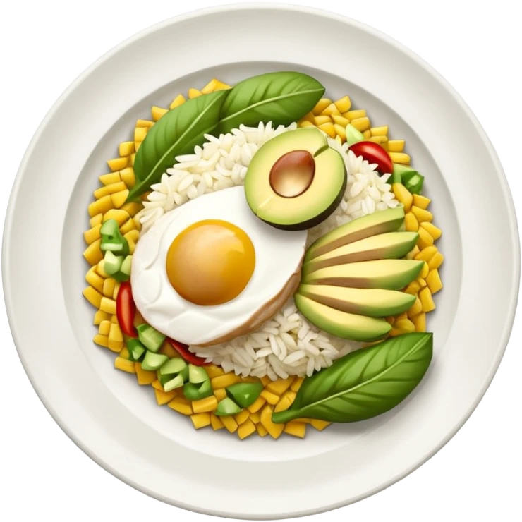 plato con pollo blanco asado en tiras, arroz blanco, rodajas de aguacate y maíz amarillo, vista desde arriba, fondo blanco, estilo simple. emoji
