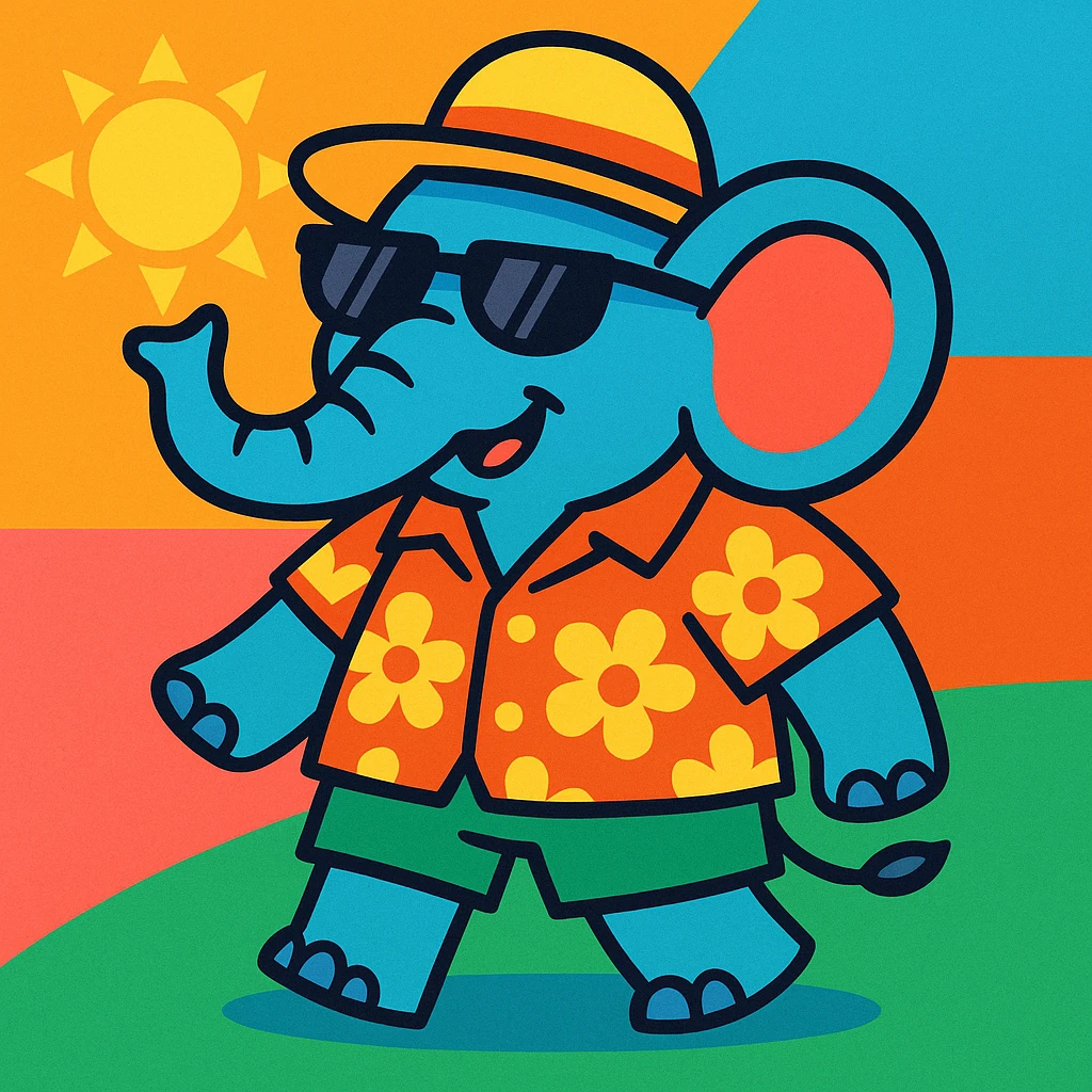 an elephant wearing summer clothes, sunglasses, and a sun hat, in a fun and colorful style emoji