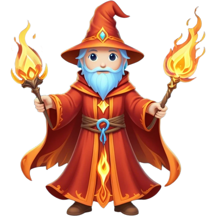 Clash of Clans aesthetic: Cinematic heroic powerful fire Wizard Hero  close up Emoji, rendered in a 3D vector-style similar to standard emojis with minimal shading and bold, simplified shapes. A compact, isometric figure draped in flowing enchanted robes and wielding a mystical staff, softly glowing with an arcane magical charm. Simplified yet unmistakably iconic, highly detailed and consistent, glowing with a soft radiant glow and high shine. Stylized with a touch of whimsical sorcery and a soft glowing outline, capturing the essence of a powerful wizard ready to cast spells with a friendly, playful spirit! emoji