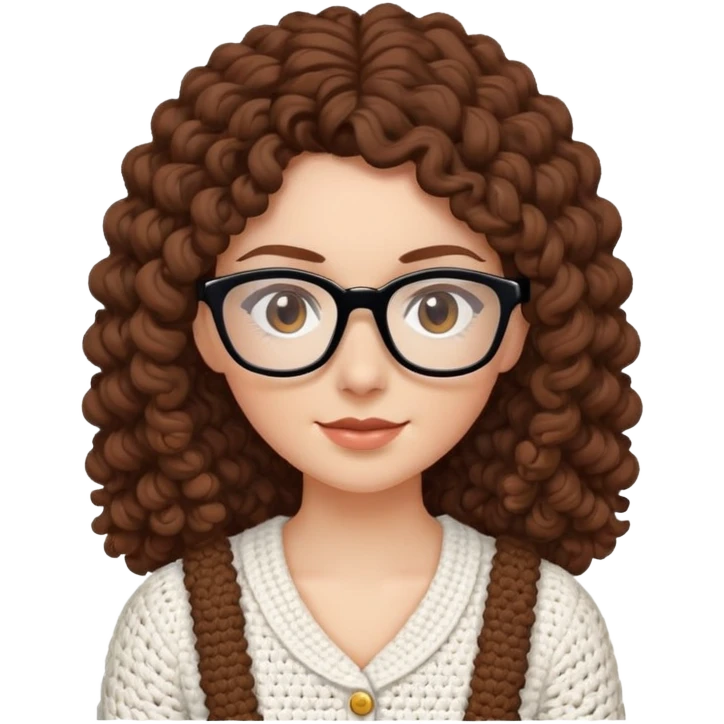 White female  Long Brown curly hair  Dark brown eyes  Small Square glasses  Crocheting emoji