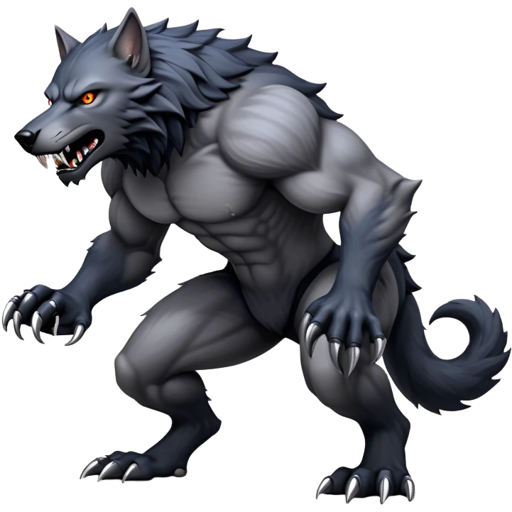 cinematic-noble-fierce-werewolf-full body on all fours-emoji, poised-and-imposing, with a tall, lean, and muscular wolfish frame inspired by the brutal, imposing shape of the beast from Berserk, fur rippling in shades of midnight black and silver, massive paws with razor-sharp claws, elongated limbs and fangs, eyes glowing with an intense, primal ferocity, reflecting the untamed power of the wild moonlit night; rendered with realism like a wolf hunched over battle ready pose ready to attack emoji