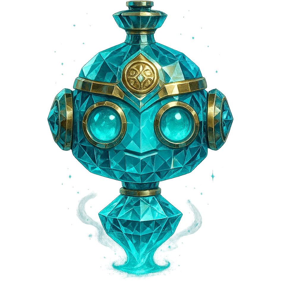 premium class crystal elixir bottle in the shape of a friendly robot head, cyan color, lots of glowing, facets, ornaments, golden details, magical effects, very small almost invisible neck, transparent background, beautiful merging bottom, clearly floating in the air, no base or shadow, very luxurious, playful, matching the collection emoji