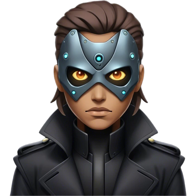 A dystopian bounty hunter, black trench coat, cybernetic eye glowing emoji