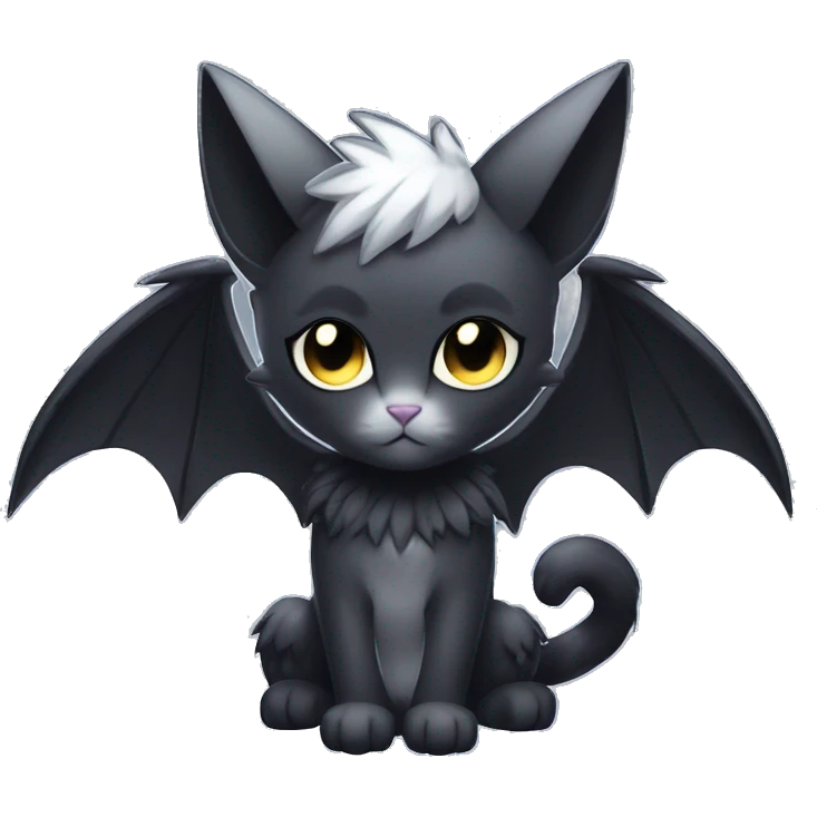 Shiny Cool Punk Black beautiful fantasy Kawaii Ethereal Sona Fakemon-cat-animal with edgy bat-wings-ears Full Body emoji