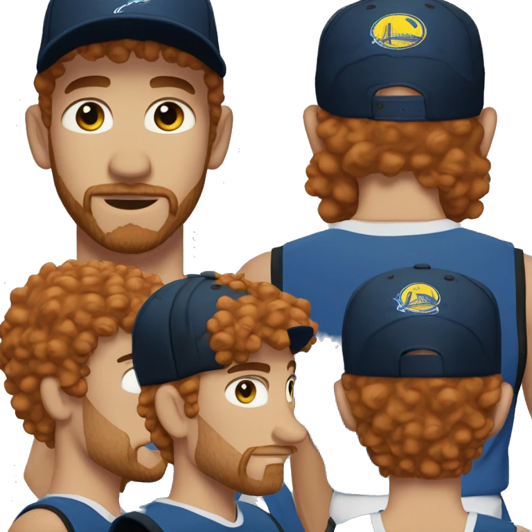 35 years old, male, short curly red hair, black basketball hat, blue eyes, pale complexion, thick beard and thin mustache emoji