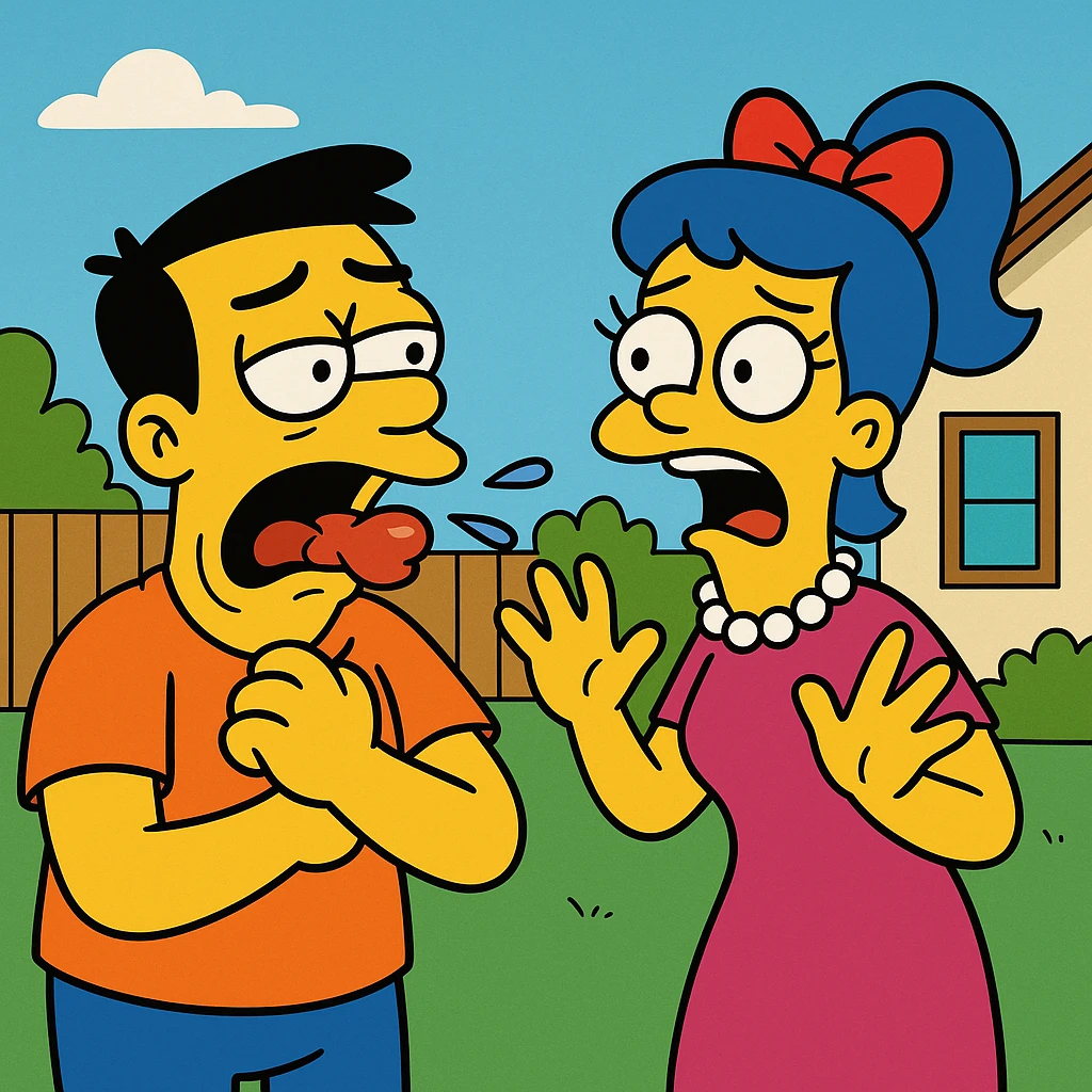 Choke on – to have something stuck in your throat.
He choked on a piece of meat and had to be helped.
 emoji