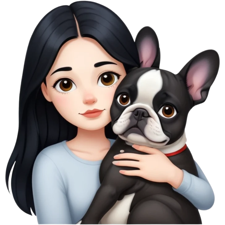 A beautiful girl with long black hair hugs a French bulldog emoji