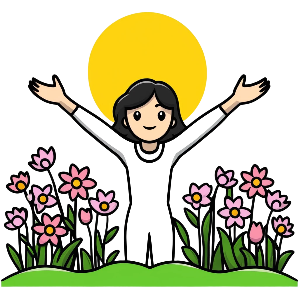 A joyful person with arms spread wide, surrounded by spring flowers and sunshine emoji