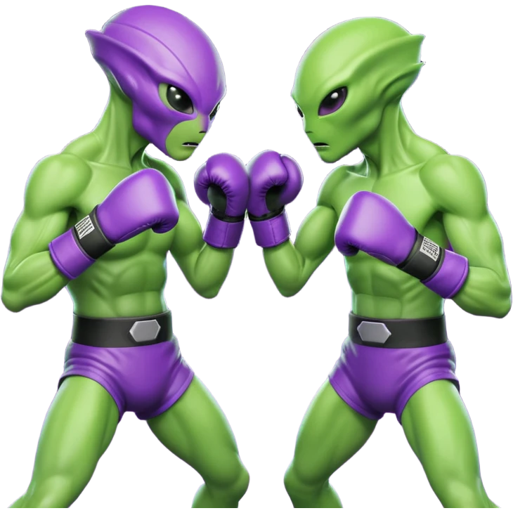 two aliens boxing in a fight stance, facing each other with raised gloves, dynamic action pose, intense expressions, sci-fi arena vibe, 3D cartoon style, mobile game icon style, clean background, no text, no watermark
 emoji