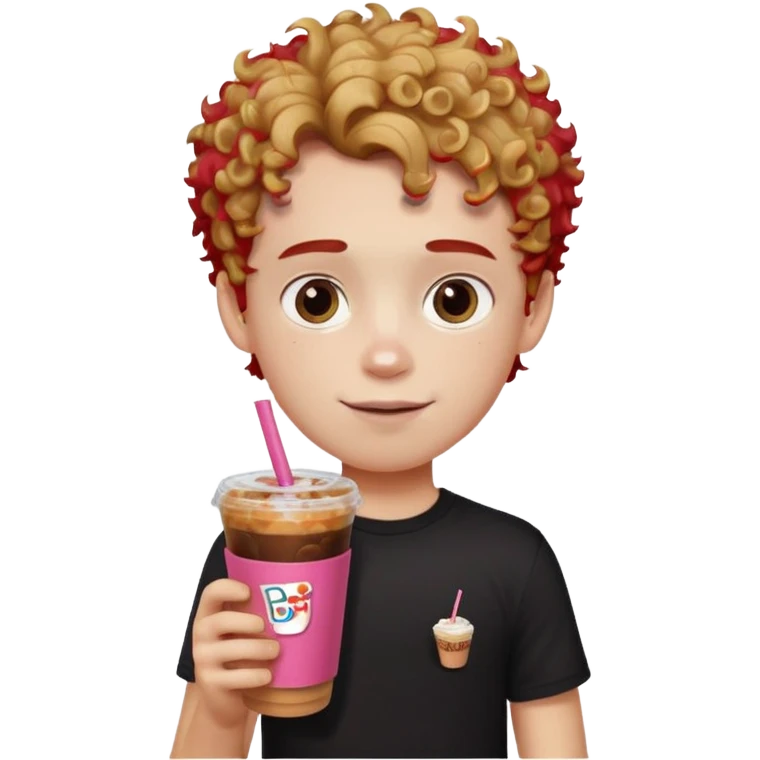 Boy white skin wearing cool black shirt with red words, boy has curly brown hair with blonde highlights give him a Dunkin iced coffee in hand. emoji