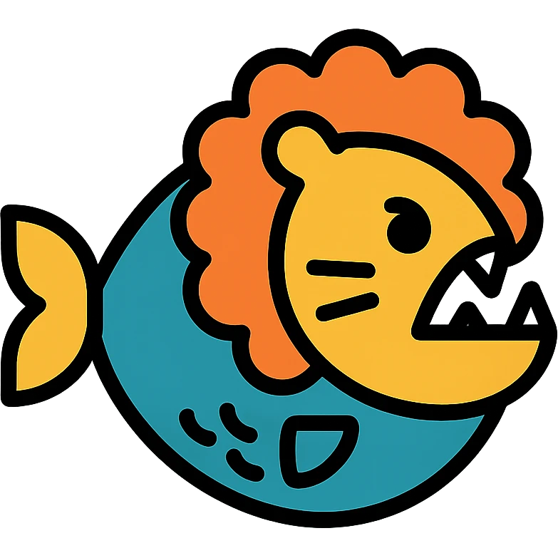 piranha with lion mane and whiskers, bold look emoji