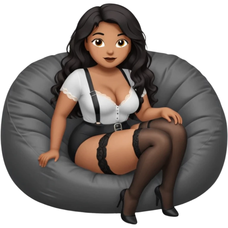 Curvy woman with brown skin with long wavy black hair, dark brown eyes. She's wearing a tight white shirt showing cleavage, black lace thong, black stockings and suspender belt, she's sat on a big dark grey bean bag chair with both her legs wide open emoji
