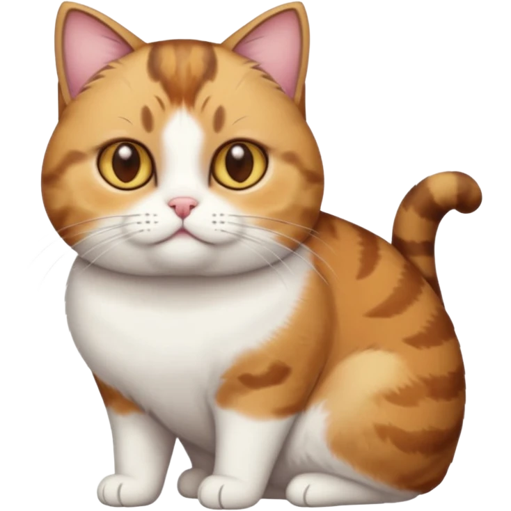 full body torbie and white cat with small head, hazel eyes, and short but chubby body emoji