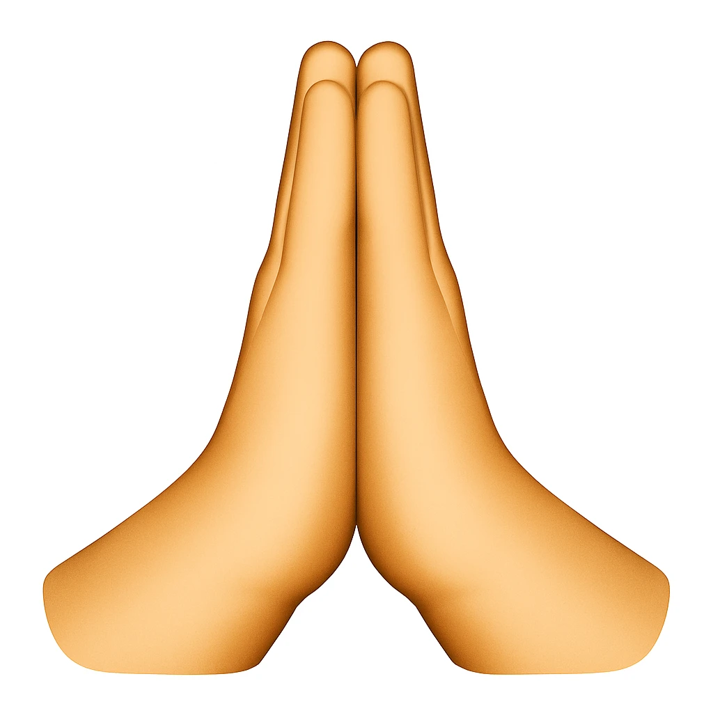 Caucasian hands in a gesture of prayer, point of view with thumbs in front, in emoji style. emoji