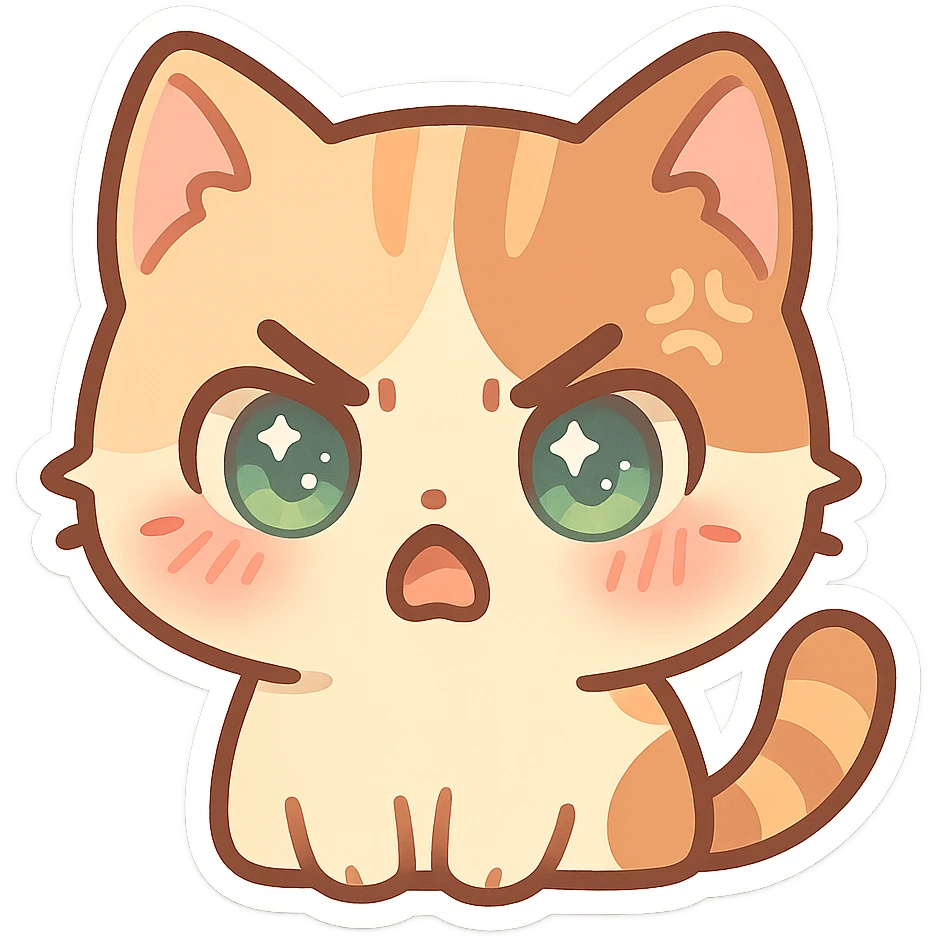 kawaii chibi-style cat emoji with pastel orange and brown cream fur, anime-style angry expression, sparkly green eyes, blushing cheeks, pastel color palette, soft rounded design, vector art emoji