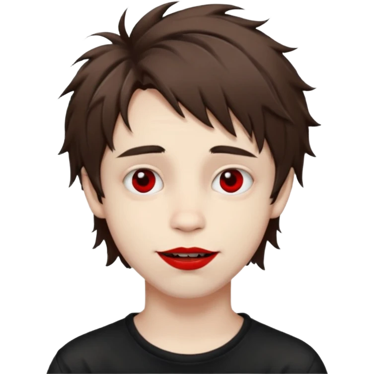 Happy pale Goth boy with shaggy brown hair, and messy, smudged, red, lipstick  emoji