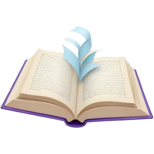 Create a dreamy, poetic emoji representing poetry. The design should feature several elegantly flying pages with short poetic columns written on them, surrounded by fluffy, soft clouds. White birds should be flying out from the clouds, creating a sense of freedom and inspiration. The pages and a white feather should symbolize creativity and poetic flow. Use pastel tones like light blues, purples, and creams for the pages and background, while the clouds should be soft and ethereal. The overall design should feel whimsical, serene, and full of poetic charm. Make the background transparent. emoji