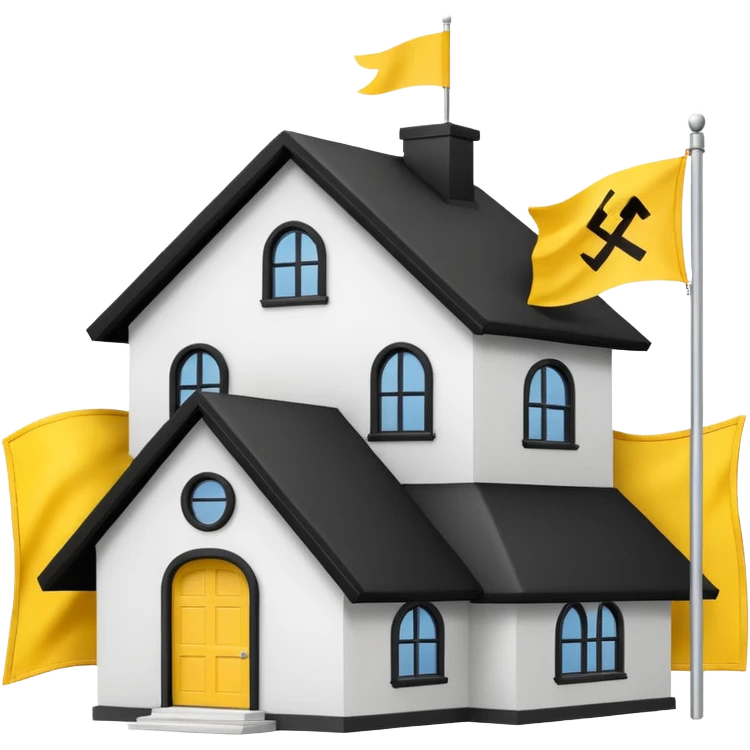 simple school, white background, magic school, black roof, with a big flag, big flag on a roof, big yellow flag, white school emoji